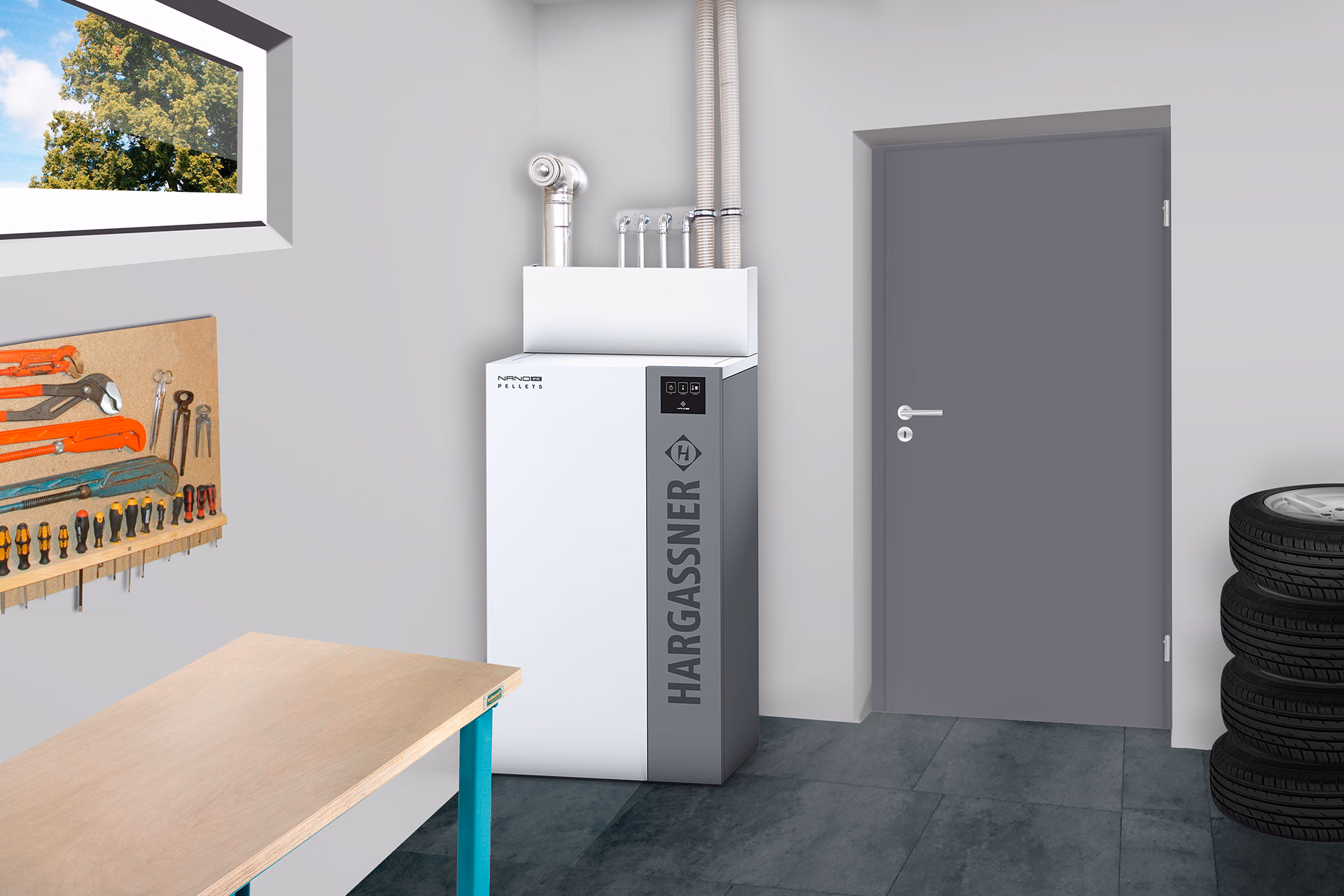 Hargassner Nano-PK Pelletheizung in einer Werkstatt