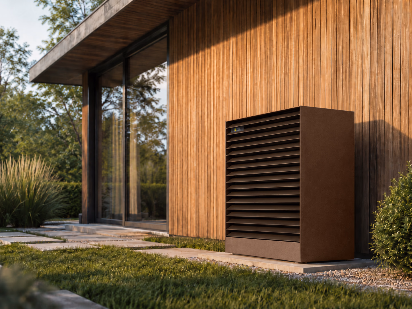 Paradigma Hypernova Luft-Wasser-Wärmepumpe mit Corten-Verkleidung an einer Hausfassade mit Holzverkleidung