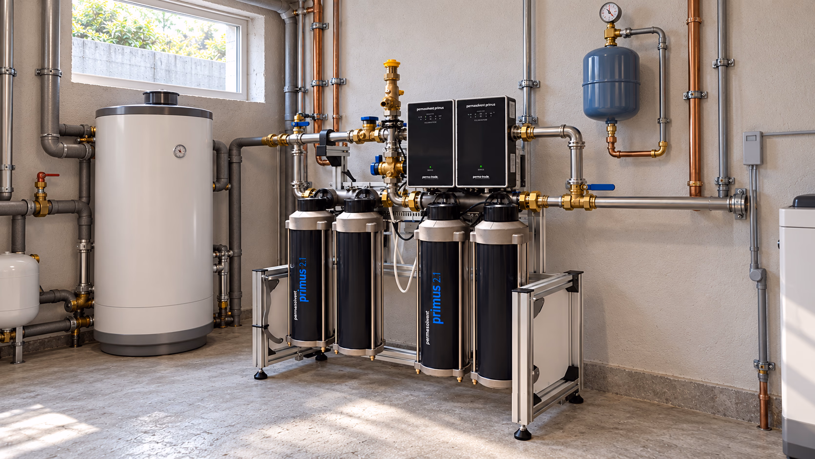 Wasseraufbereitungsanlage mit Enthärter und Druckbehälter in einem Hauswirtschaftsraum